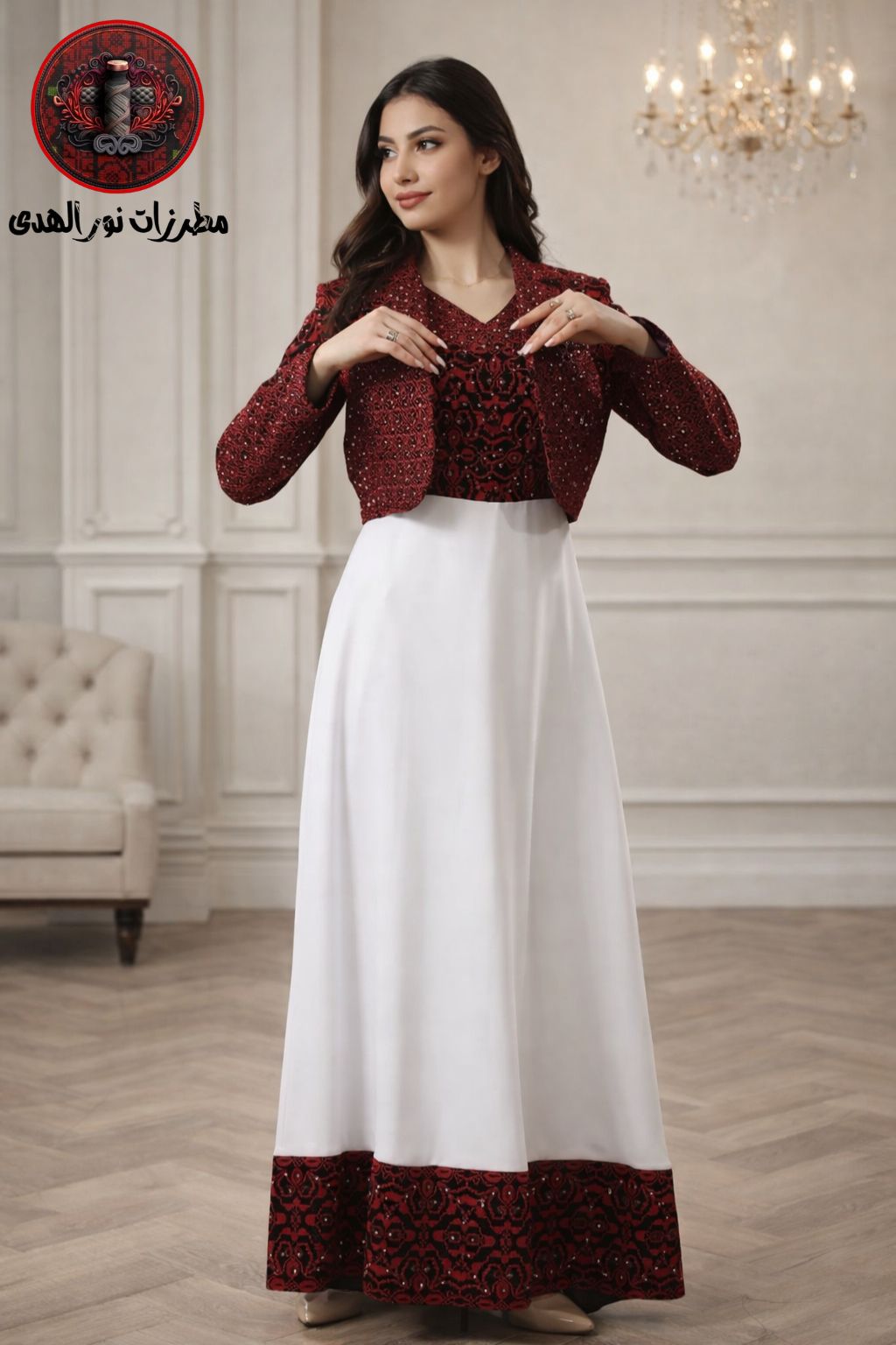 White Sali embroidered Palestinian thobe with red embroidered bodice, hem, V neckline, and matching jacket.