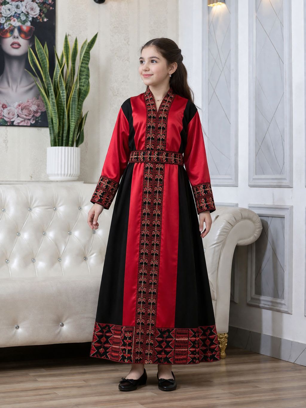 Girls' Luxury Embroidered Satin Heritage Dress | Fustan Banati Fakher Mutaraz