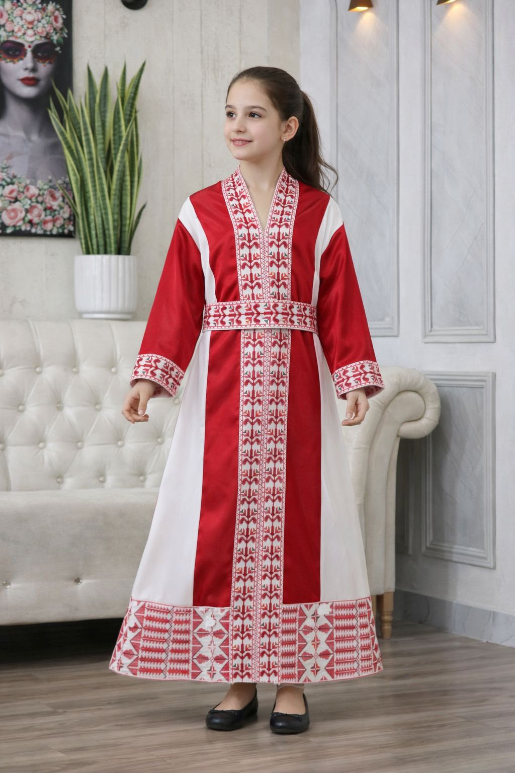 Girls' Luxury Embroidered Satin Heritage Dress | Fustan Banati Fakher Mutaraz