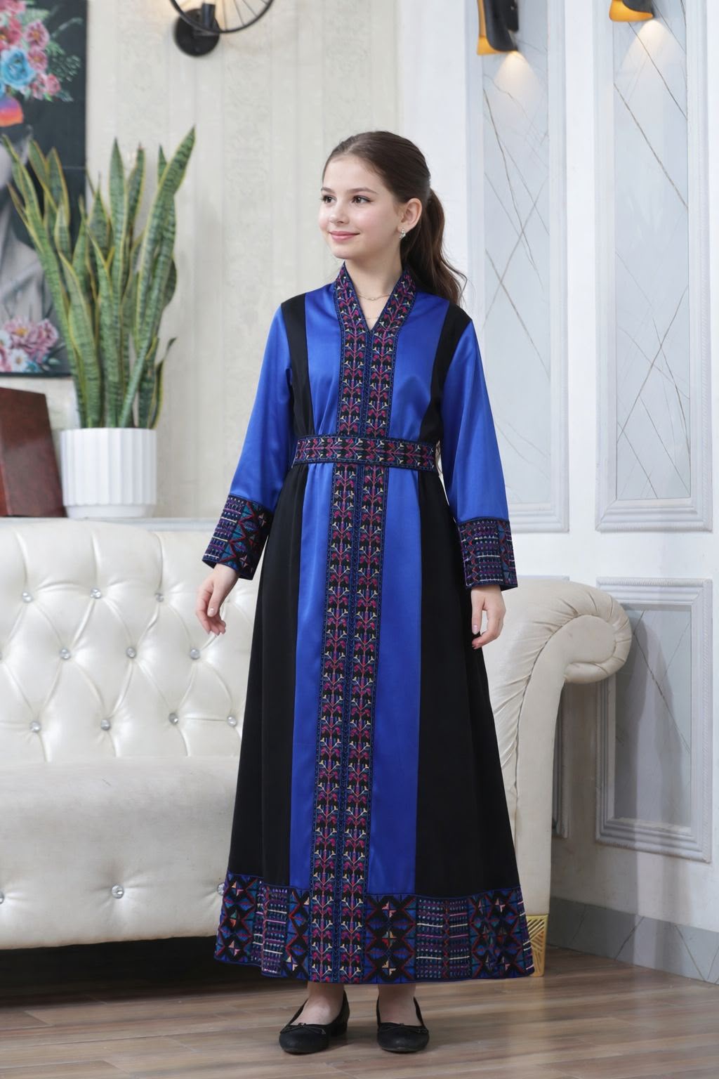 Girls' Luxury Embroidered Satin Heritage Dress | Fustan Banati Fakher Mutaraz