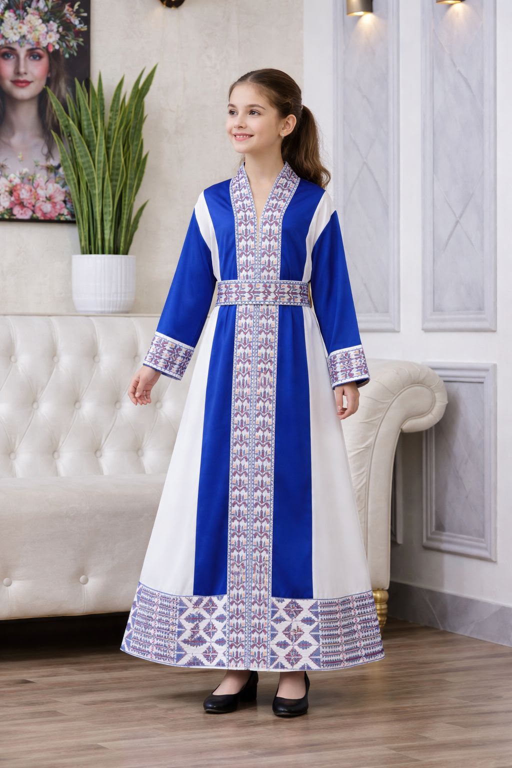 Girls' Luxury Embroidered Satin Heritage Dress | Fustan Banati Fakher Mutaraz