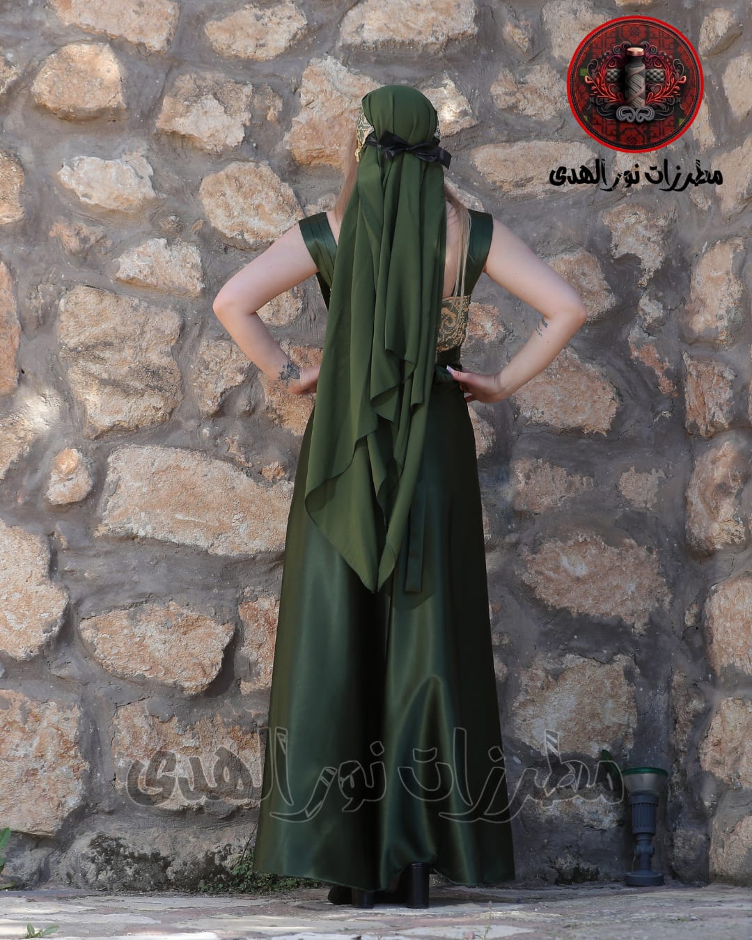 Satin Oriental Embroidered Thobe with Draped Veil Styling and Gold Coin Accents | Al Sundus Thobe