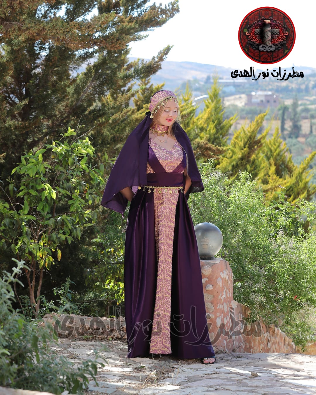 Satin Oriental Embroidered Thobe with Draped Veil Styling and Gold Coin Accents | Al Sundus Thobe