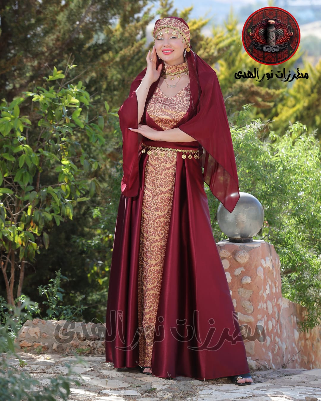 Satin Oriental Embroidered Thobe with Draped Veil Styling and Gold Coin Accents | Al Sundus Thobe