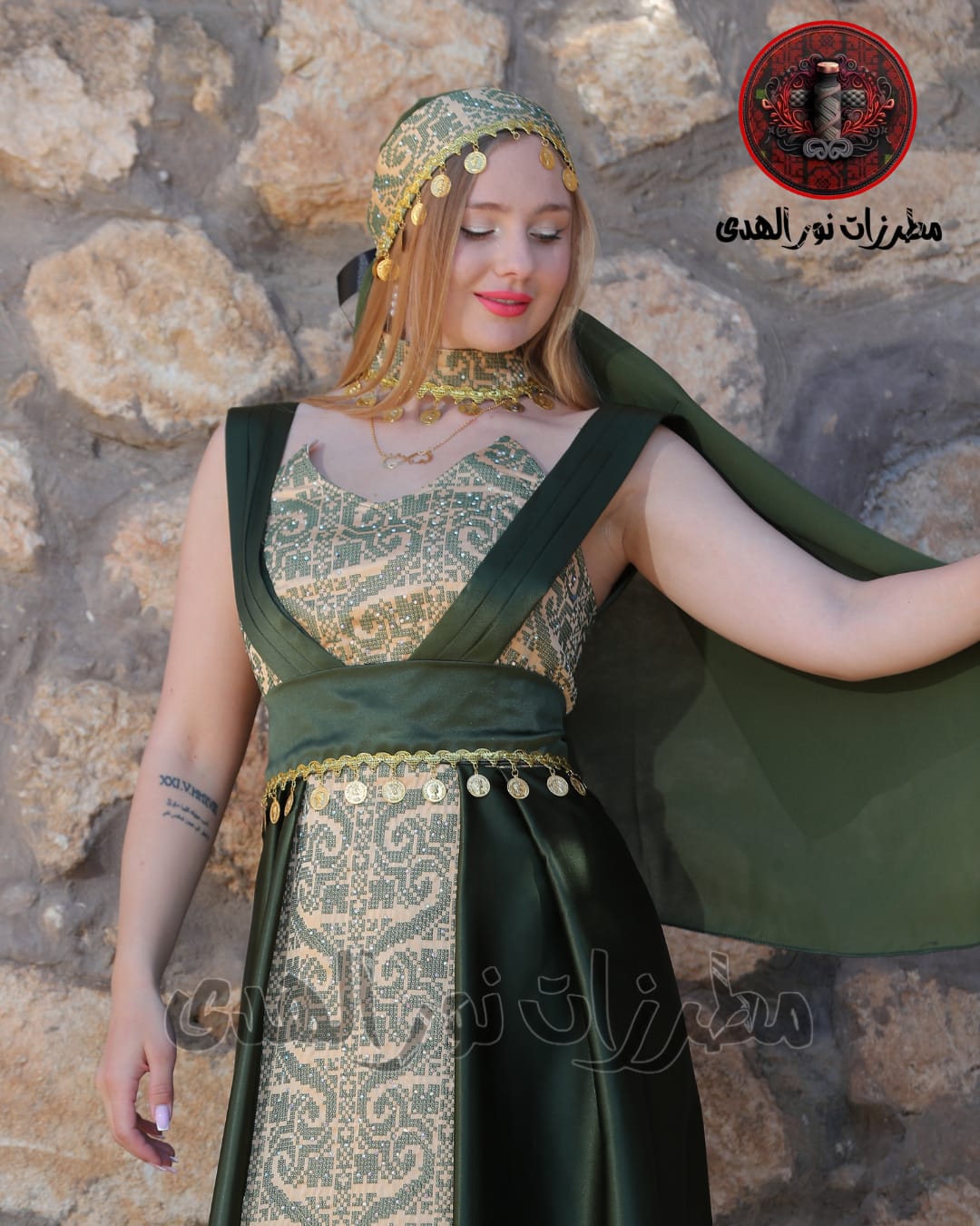 Satin Oriental Embroidered Thobe with Draped Veil Styling and Gold Coin Accents | Al Sundus Thobe