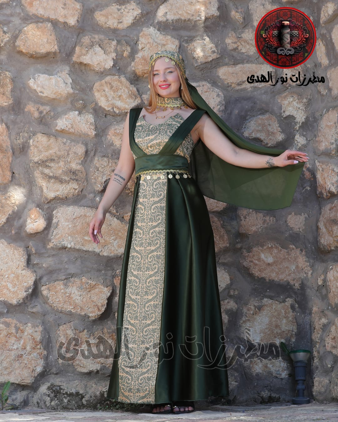 Satin Oriental Embroidered Thobe with Draped Veil Styling and Gold Coin Accents | Al Sundus Thobe