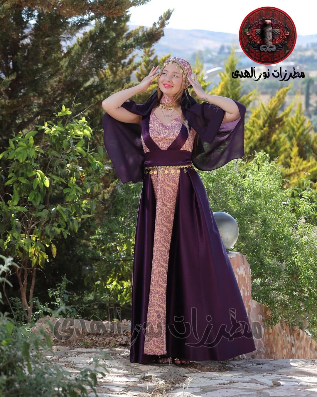 Satin Oriental Embroidered Thobe with Draped Veil Styling and Gold Coin Accents | Al Sundus Thobe