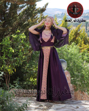 Satin Oriental Embroidered Thobe with Draped Veil Styling and Gold Coin Accents | Al Sundus Thobe