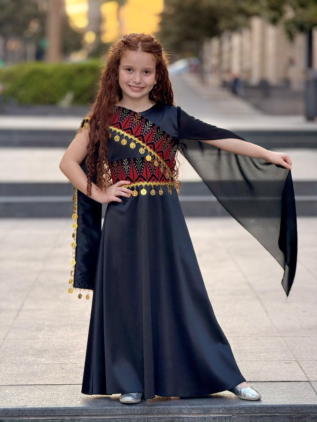 Black girls Oriental embroidered shoulder dress with colorful Tatreez-inspired bodice and gold coin details