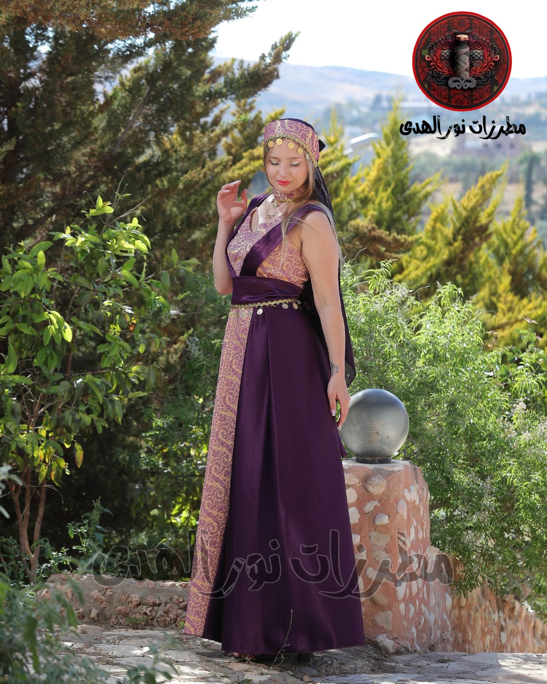 Satin Oriental Embroidered Thobe with Draped Veil Styling and Gold Coin Accents | Al Sundus Thobe