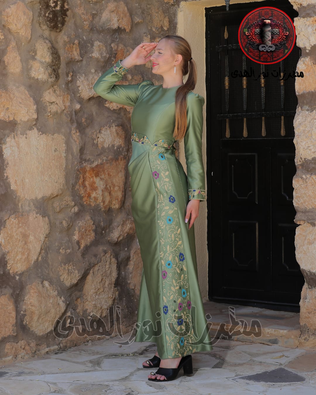 Satin-Look Oriental Embroidered Thobe with Draped Front and Floral Motifs | Al Asala Thobe
