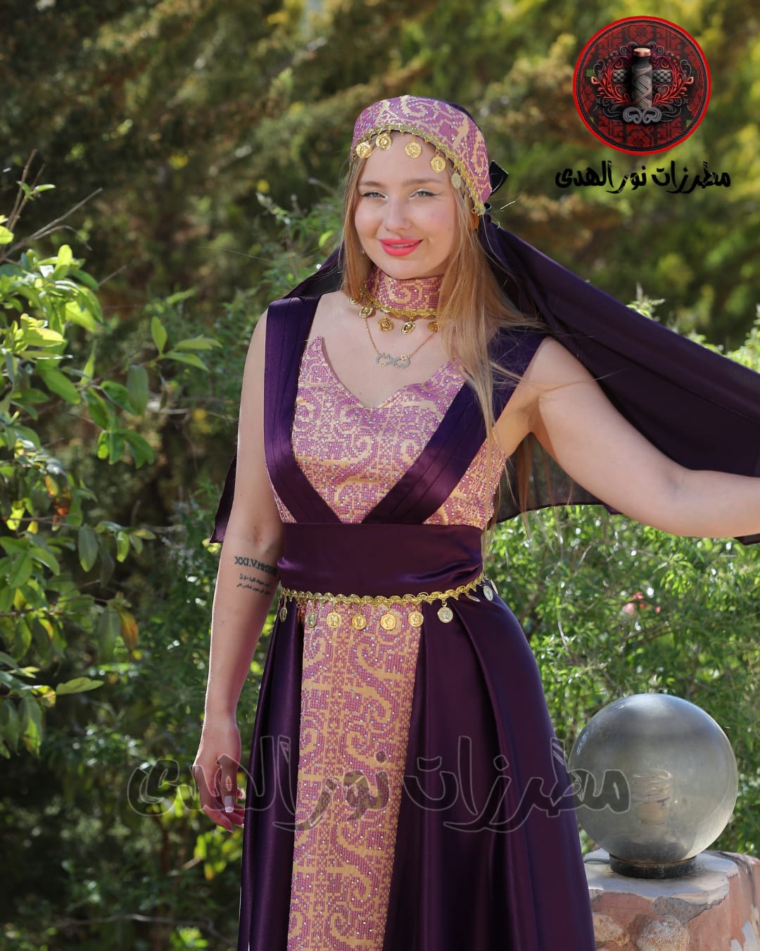 Satin Oriental Embroidered Thobe with Draped Veil Styling and Gold Coin Accents | Al Sundus Thobe