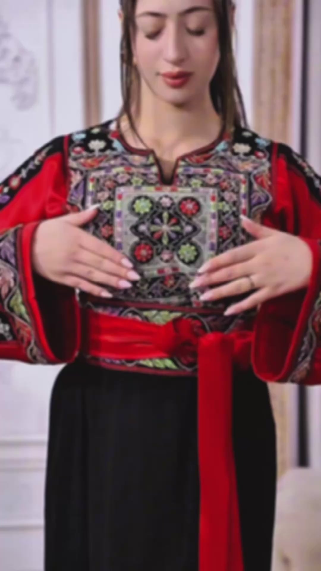 تحميل الفيديو: Elegant Satin Embroidered Palestinian Thobe with Hand-Beaded Sequin Detailing