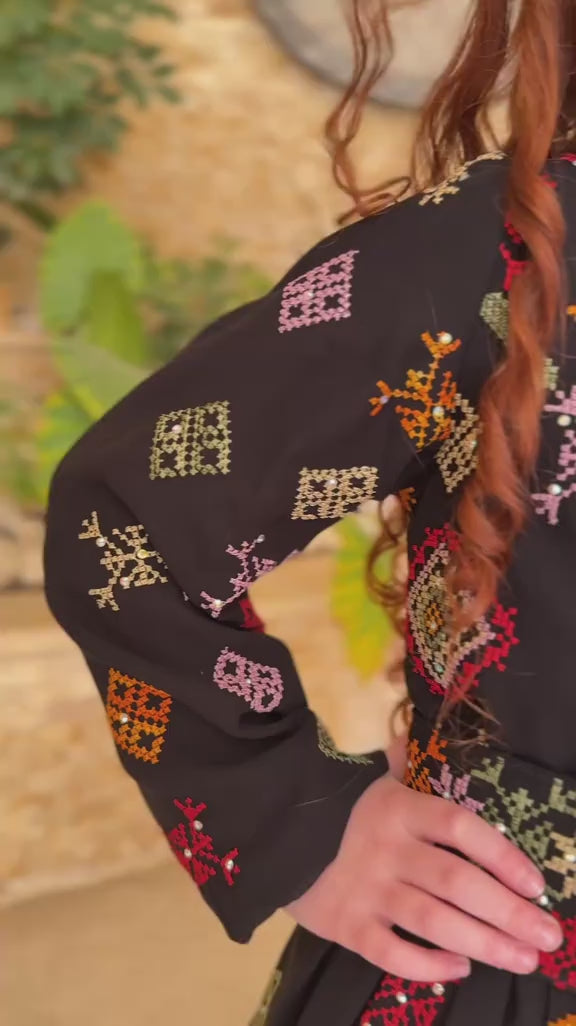 Load video: Rose Embroidered Girls’ Traditional Dress – Lined Chiffon Palestinian-Inspired Thobe