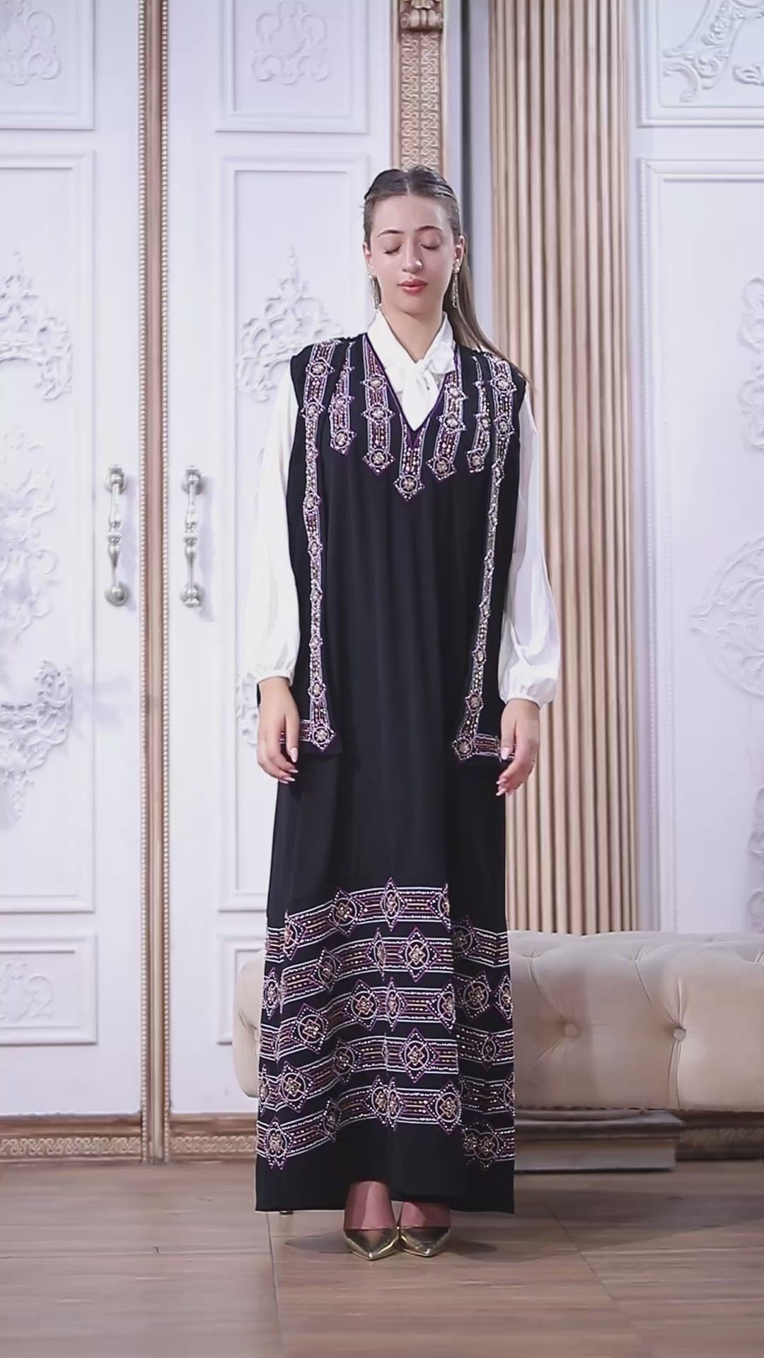 Load video: Luxury Black Jordanian Mudraqa Thobe with Intricate Beaded Embroidery