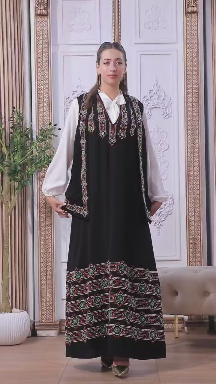 Load video: Luxury Black Jordanian Mudraqa Thobe with Intricate Beaded Embroidery