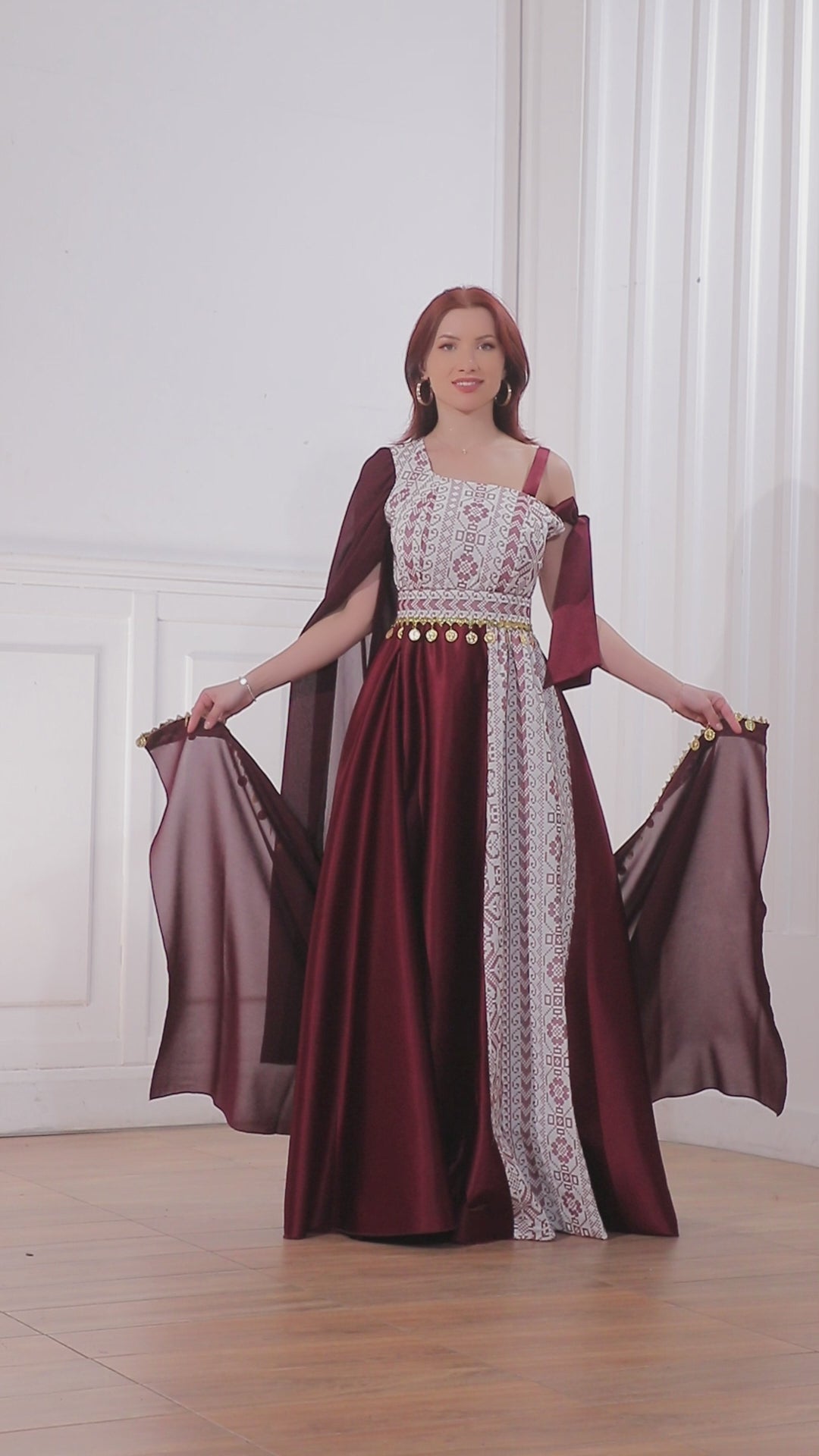Load video: Burgundy Palestinian Embroidered Satin Dress – Elegant Heritage Evening Gown