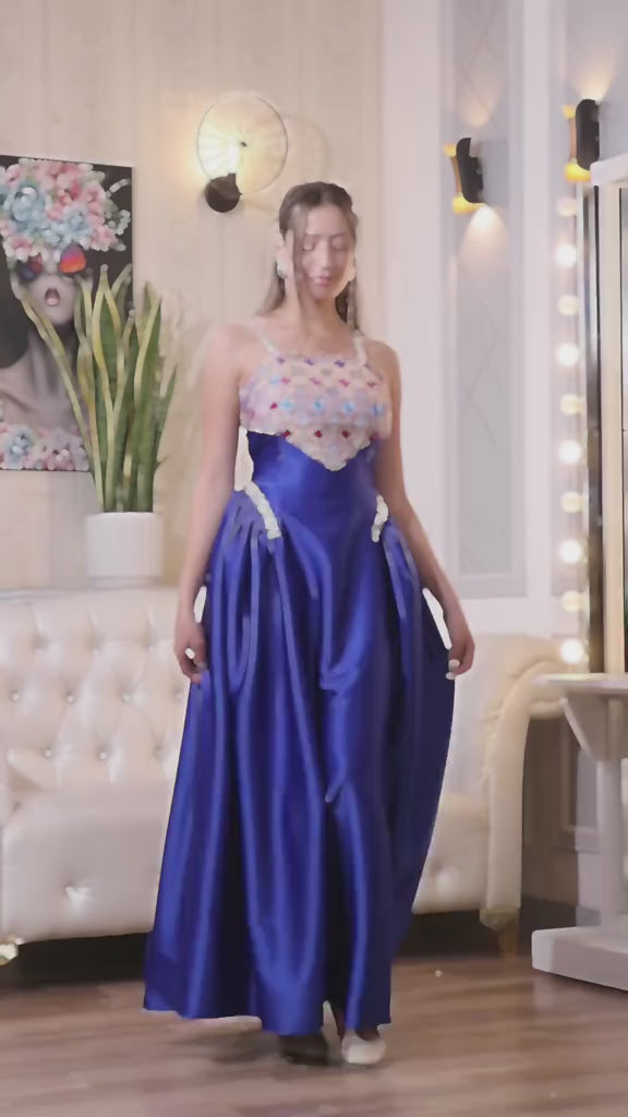 Load video: Sleeveless Satin Henna Party Dress with Levantine-Inspired Elegance | Luluat Al Qamar Dress