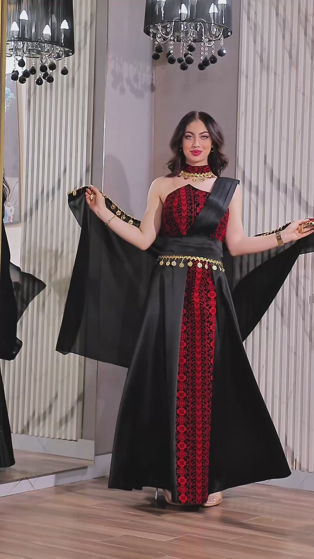 Load video: Satin Oriental Embroidered Henna Dress with Coin Details | Luluat Al-Henna Dress
