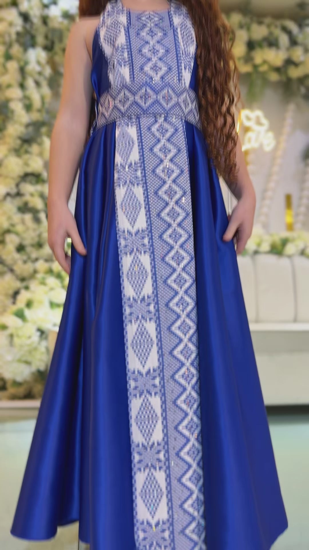 Load video: Premium Satin Girls Oriental Embroidered Thobe with Heritage-Inspired Front Panel | Girls Embroidered Thobe