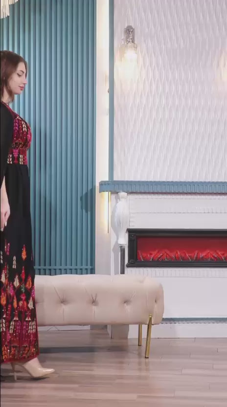 Load video: Oriental Embroidered Thobe with Levantine Tatreez Details and Cape Sleeves | Zahrat Al Hussam Embroidered Thobe