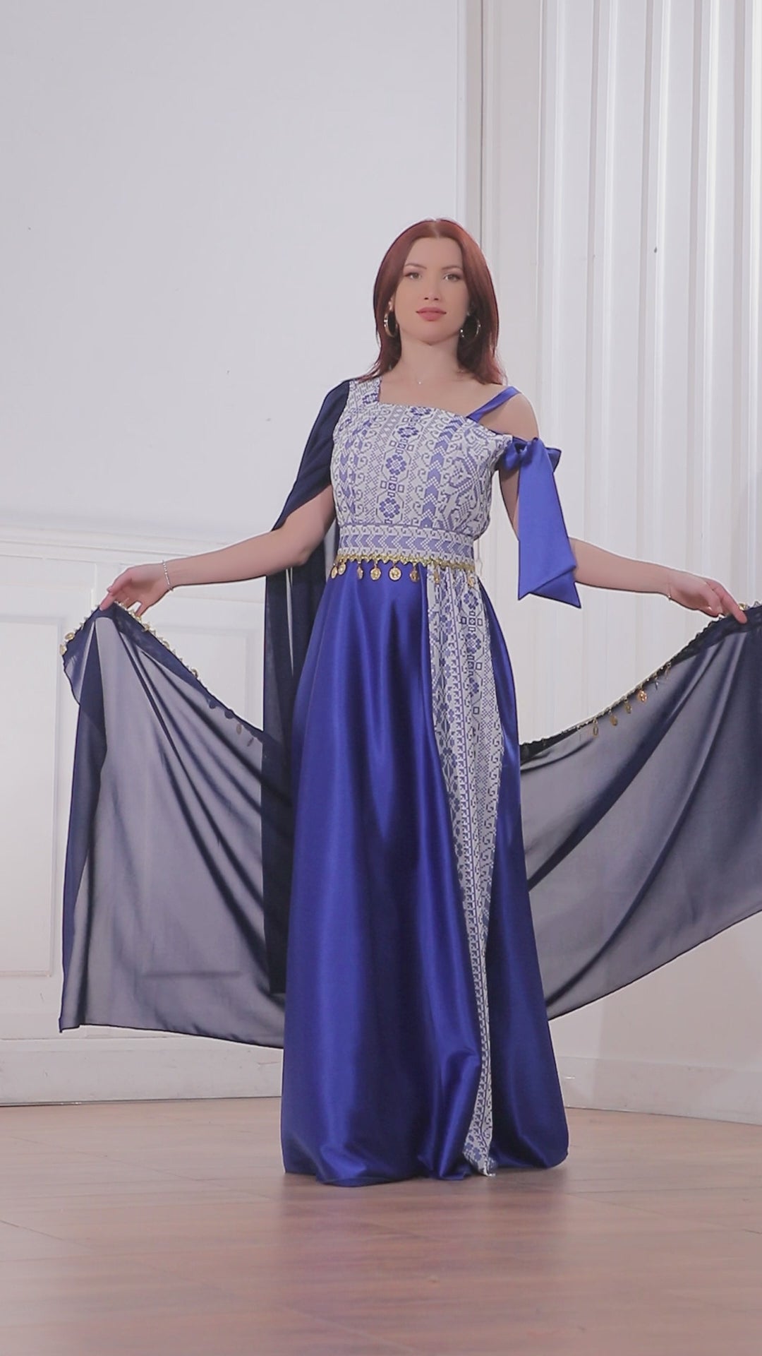 Load video: Indigo Palestinian Heritage Embroidered Satin Dress