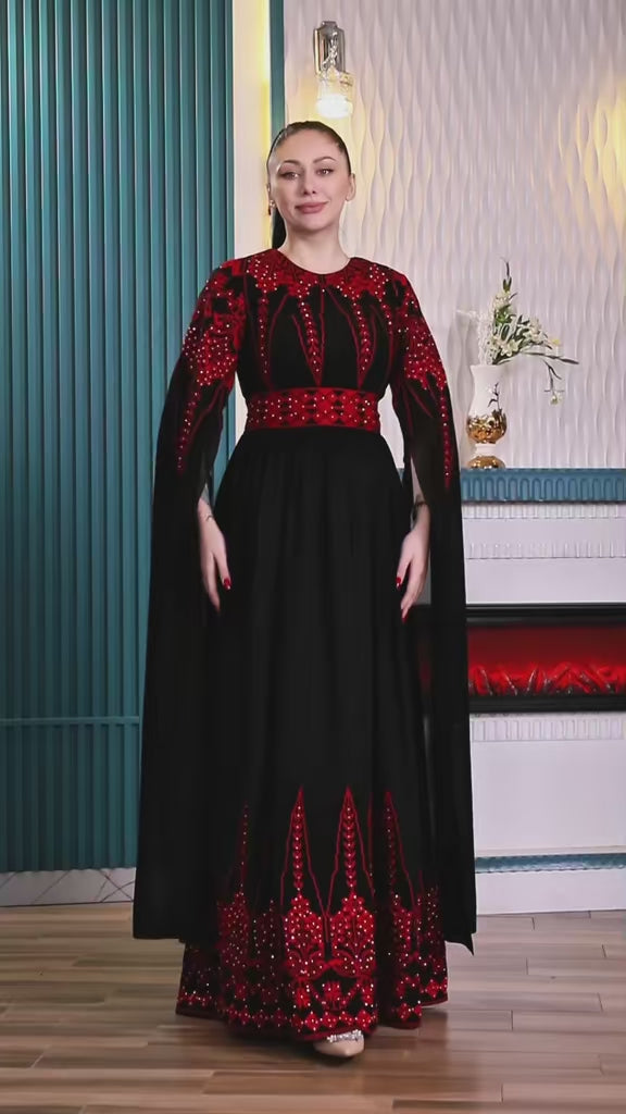 Load video: Oriental Embroidered Chiffon Thobe with Red Tatreez Details and Cape Sleeves | Sablet Al Hussam Embroidered Thobe