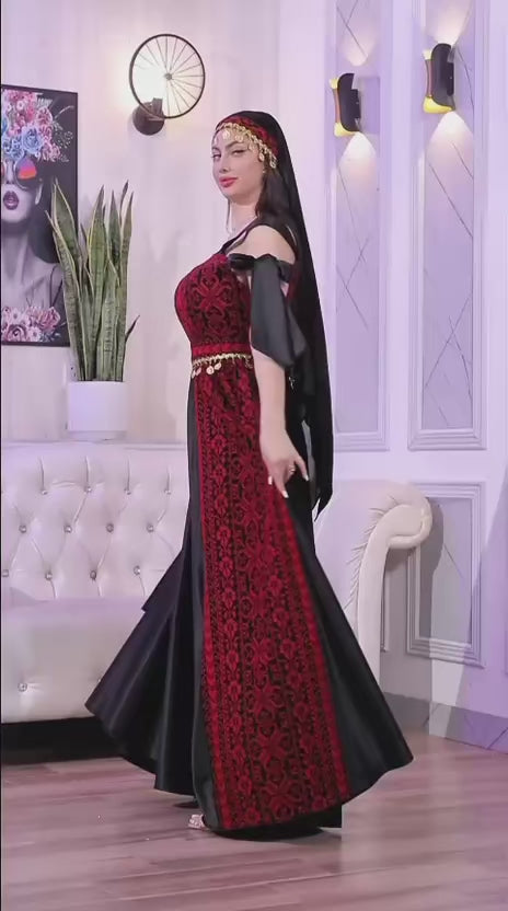 Load video: Embroidered Henna Bride Dress – Black &amp; Red Satin with Embroidered Head Piece