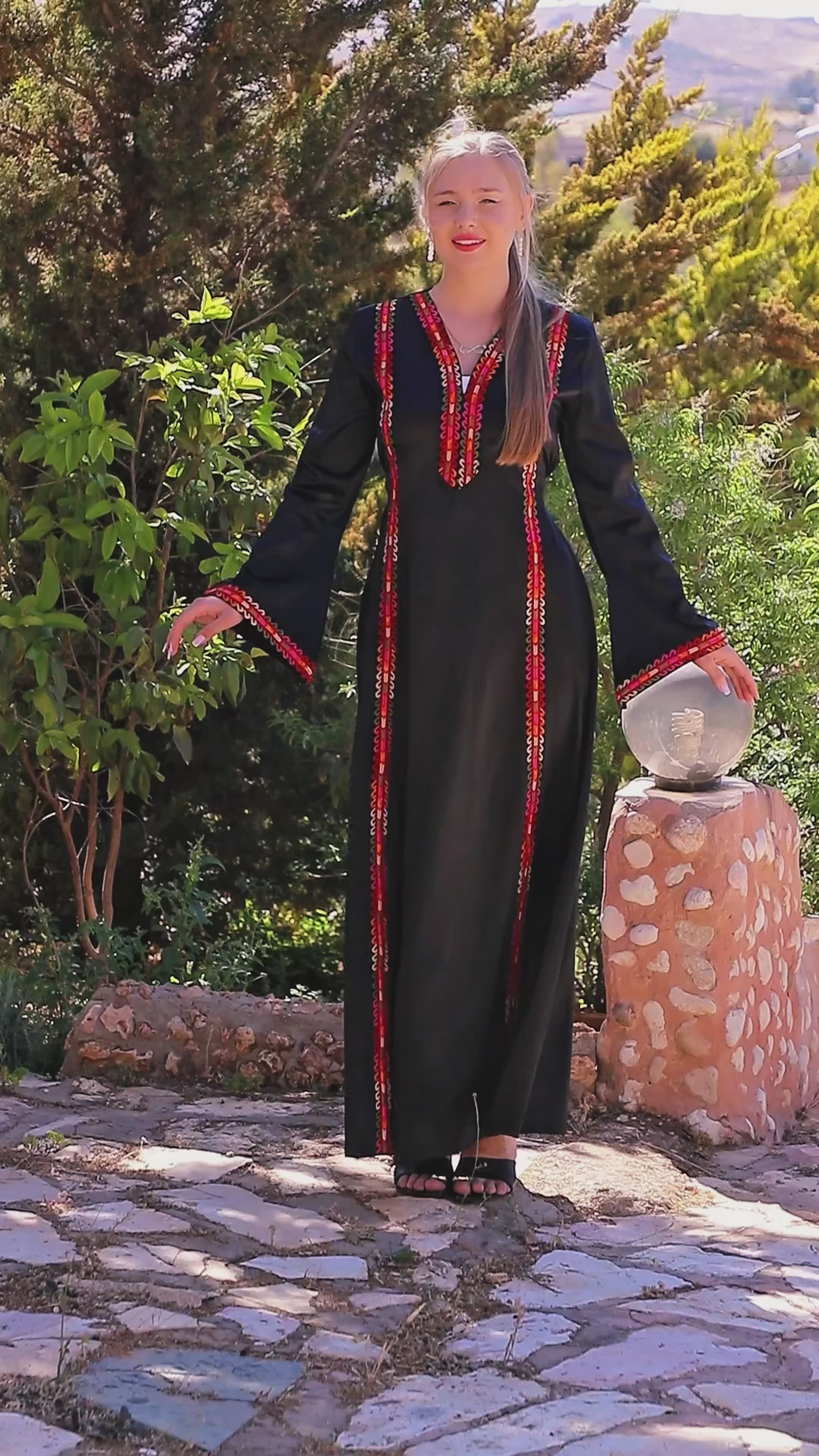 Load video: Women's Embroidered Satin Heritage Dress | Thoub Manajel Mutaraz