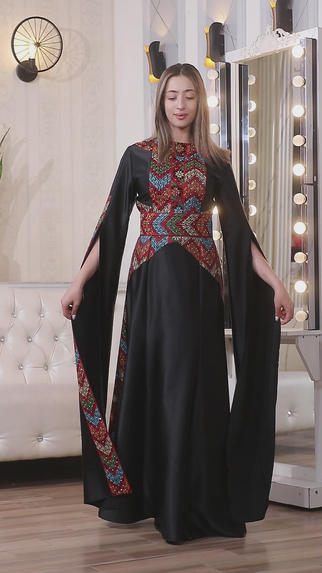 Load video: Satin Oriental Embroidered Thobe with Levantine Tatreez Details | Zaher Al Henna Embroidered Thobe